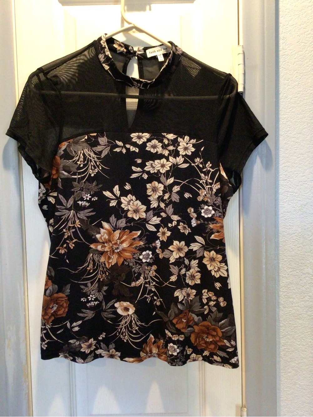 Faith and Joy Black Floral & Moral Fibers Mesh Yoke Top & floral top 2 for 1